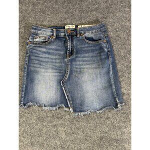 Indigo Rein Womens Frayed Hem Denim Skirt Size 3 Medium Wash Stretch Cotton Blen